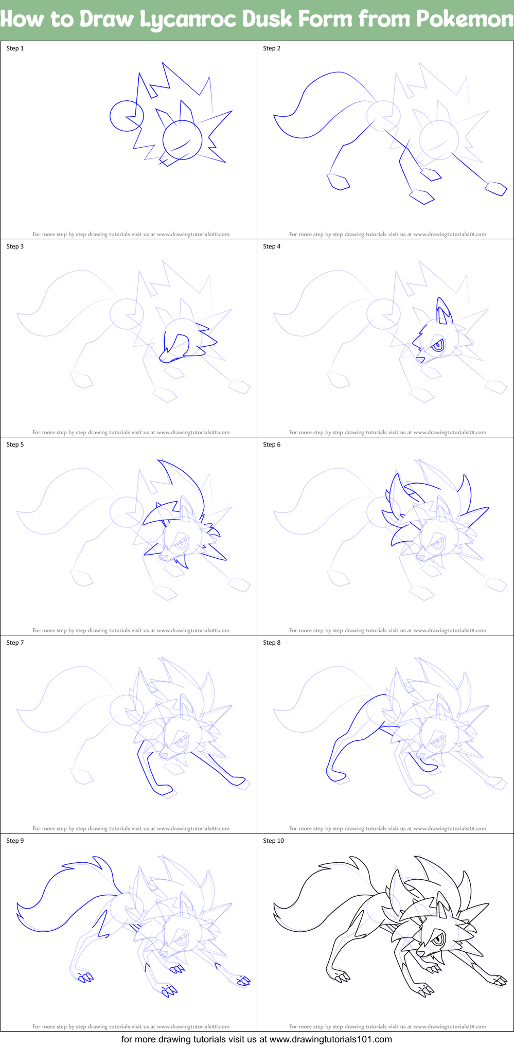 How To Draw Lycanroc Dusk Form From Pokemon Printable Step By Step