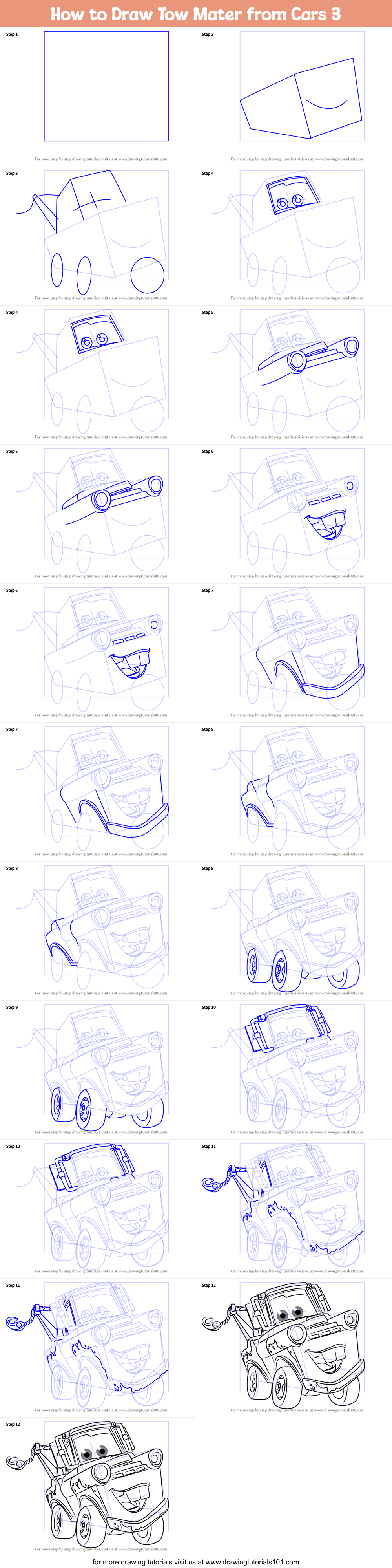 How To Draw Tow Mater From Cars Printable Step By Step Drawing Sheet