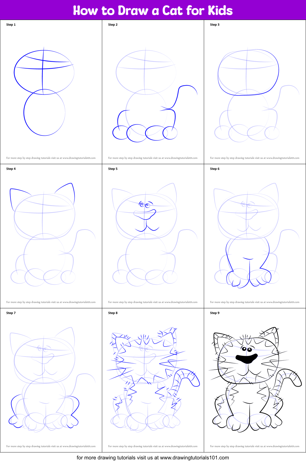 How to Draw a Cat for Kids printable step by step drawing sheet ...