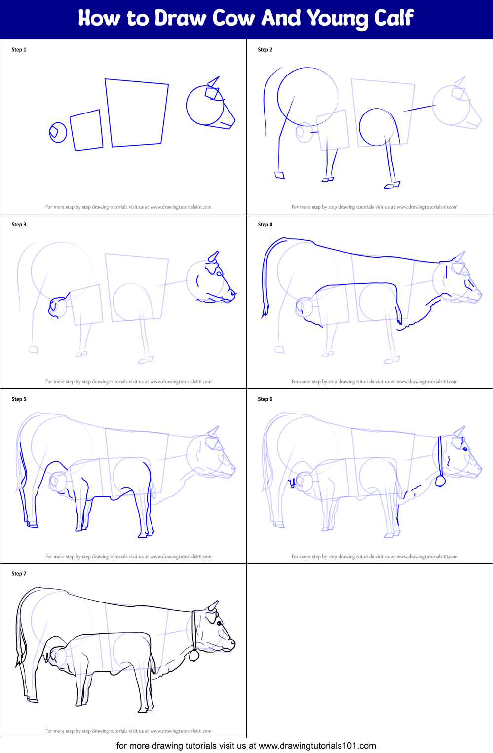 How to Draw Cow And Young Calf printable step by step drawing sheet ...