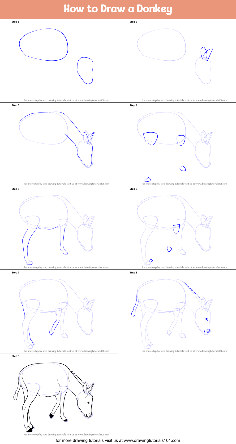 How to Draw a Donkey printable step by step drawing sheet ...