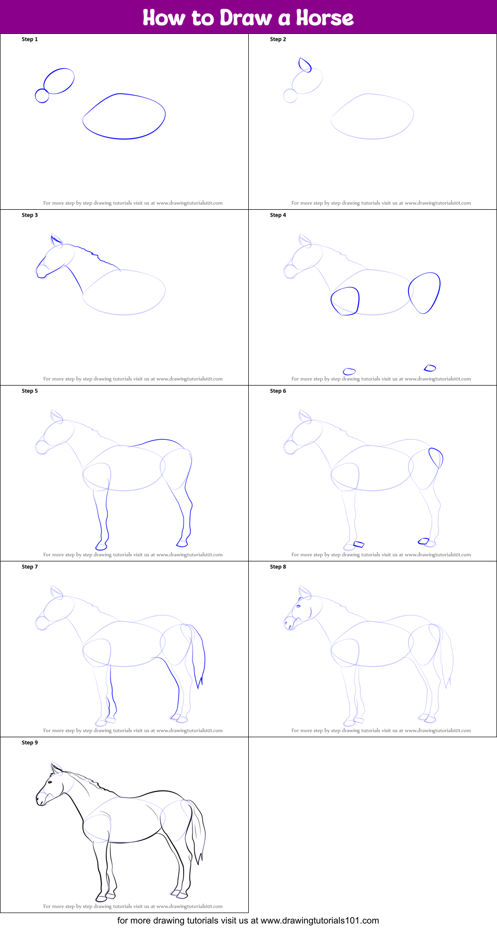 How to Draw a Horse printable step by step drawing sheet