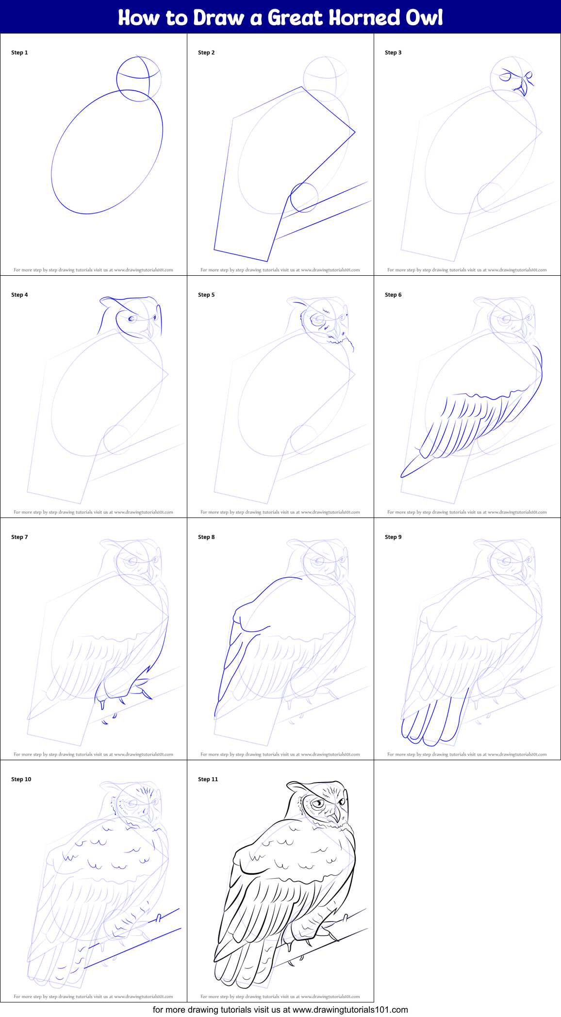 How to Draw a Great Horned Owl printable step by step drawing sheet ...