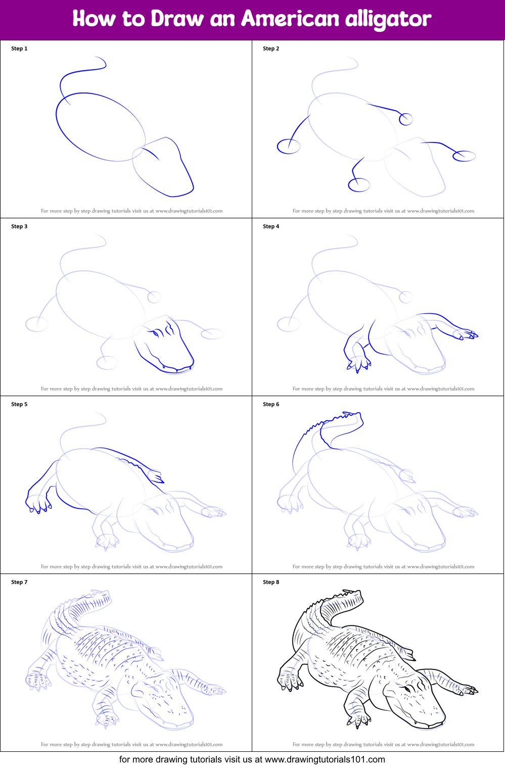 How to Draw an American alligator printable step by step drawing sheet