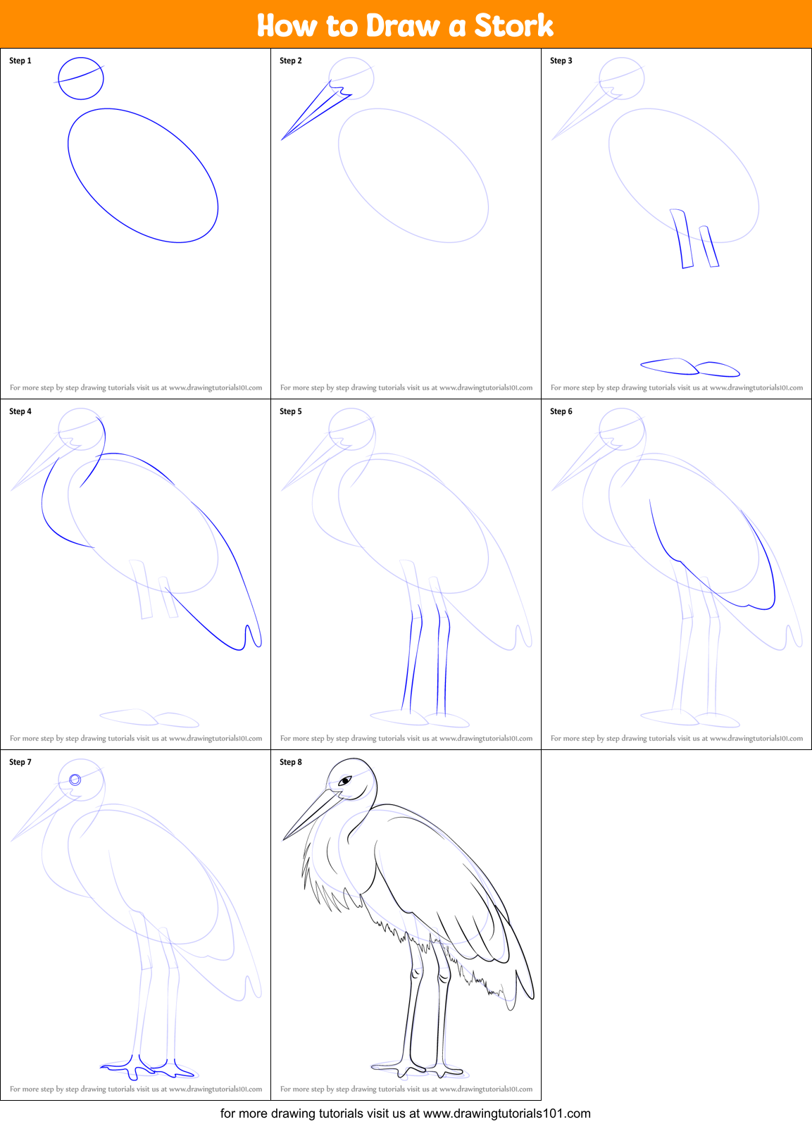 How to Draw a Stork printable step by step drawing sheet