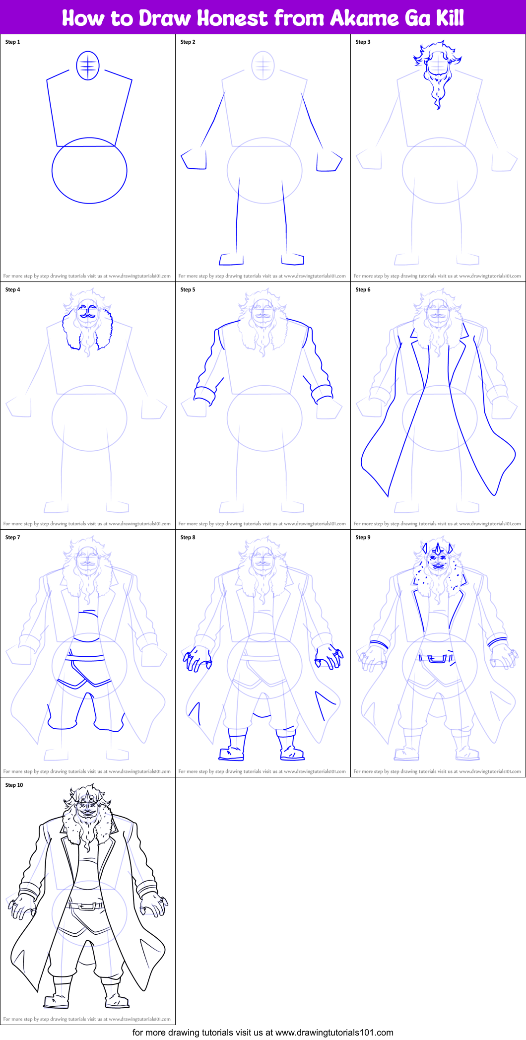 How to Draw Honest from Akame Ga Kill printable step by step drawing