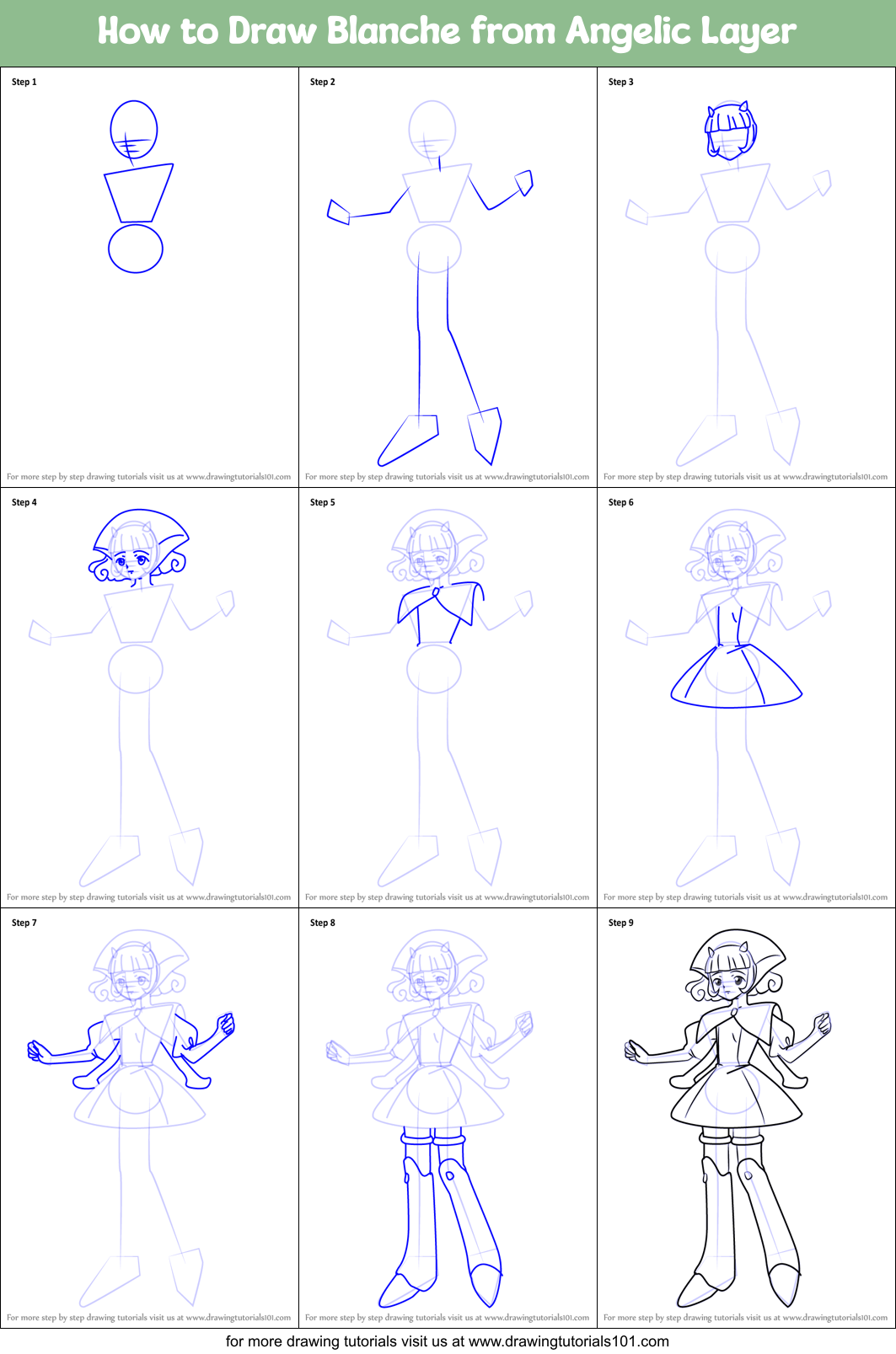 How to Draw Blanche from Angelic Layer printable step by step drawing