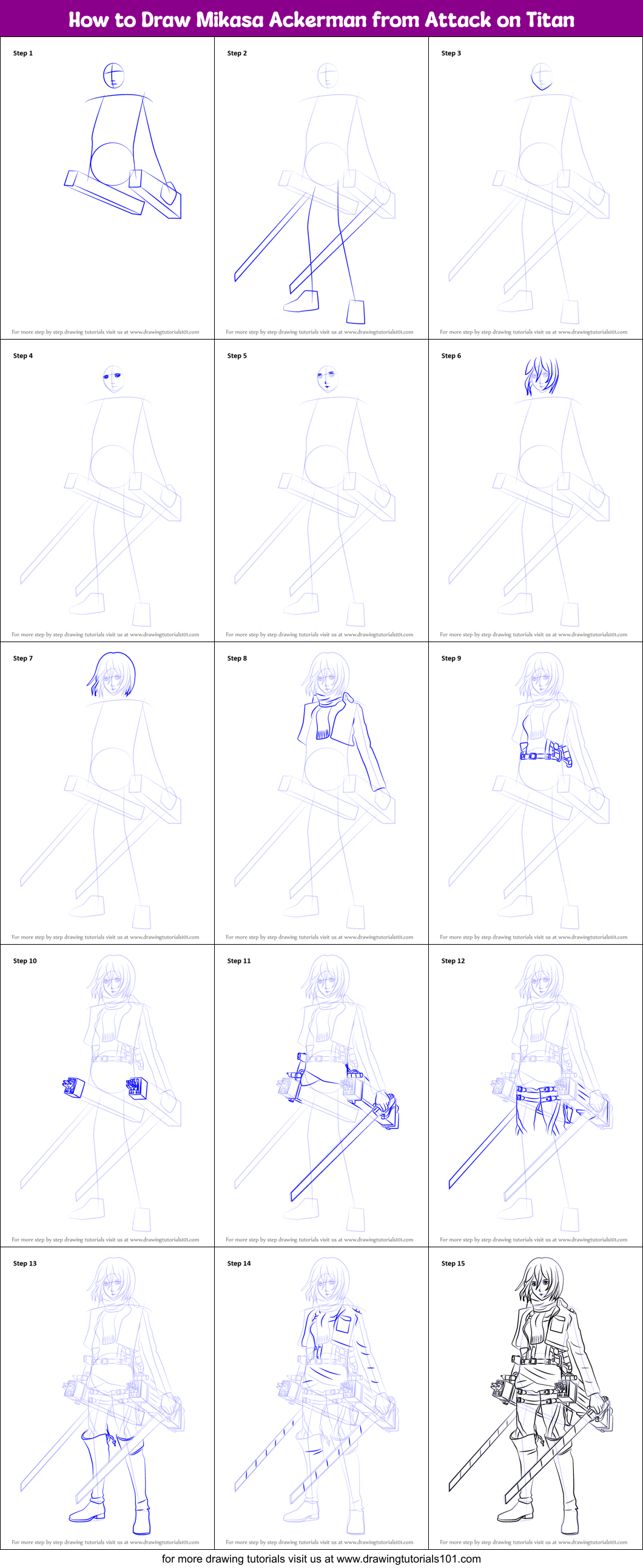 How to Draw Mikasa Ackerman from Attack on Titan printable step by step