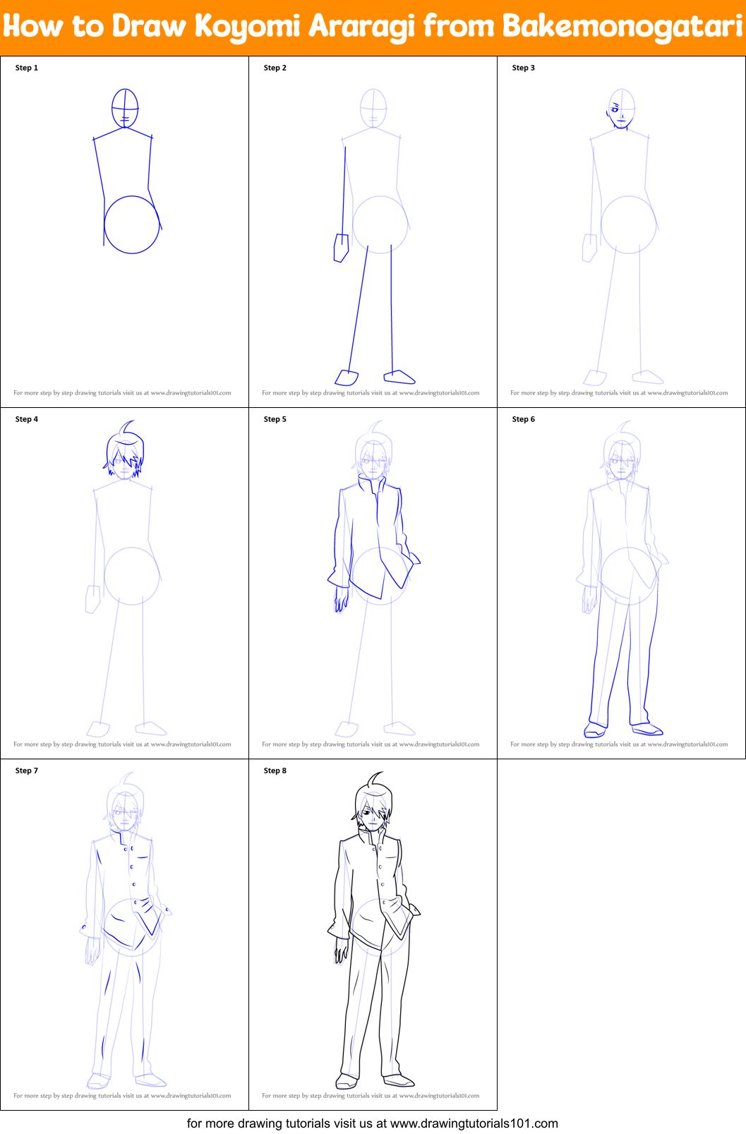 How to Draw Koyomi Araragi from Bakemonogatari printable step by step ...