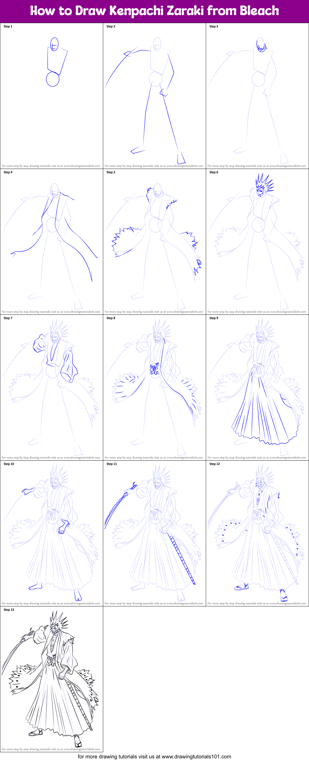 How to Draw Kenpachi Zaraki from Bleach printable step by step drawing ...