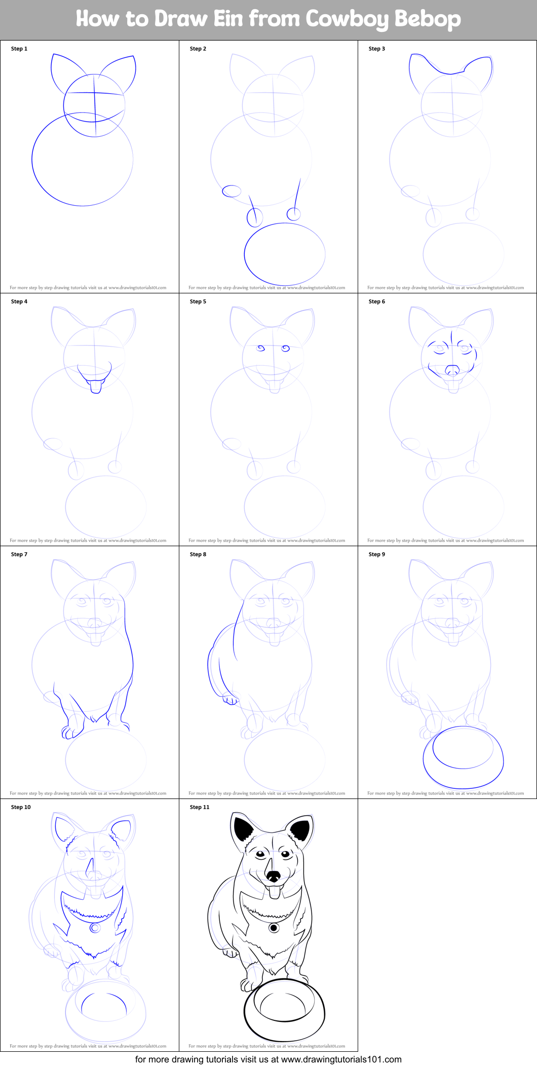 How to Draw Ein from Cowboy Bebop printable step by step drawing sheet ...