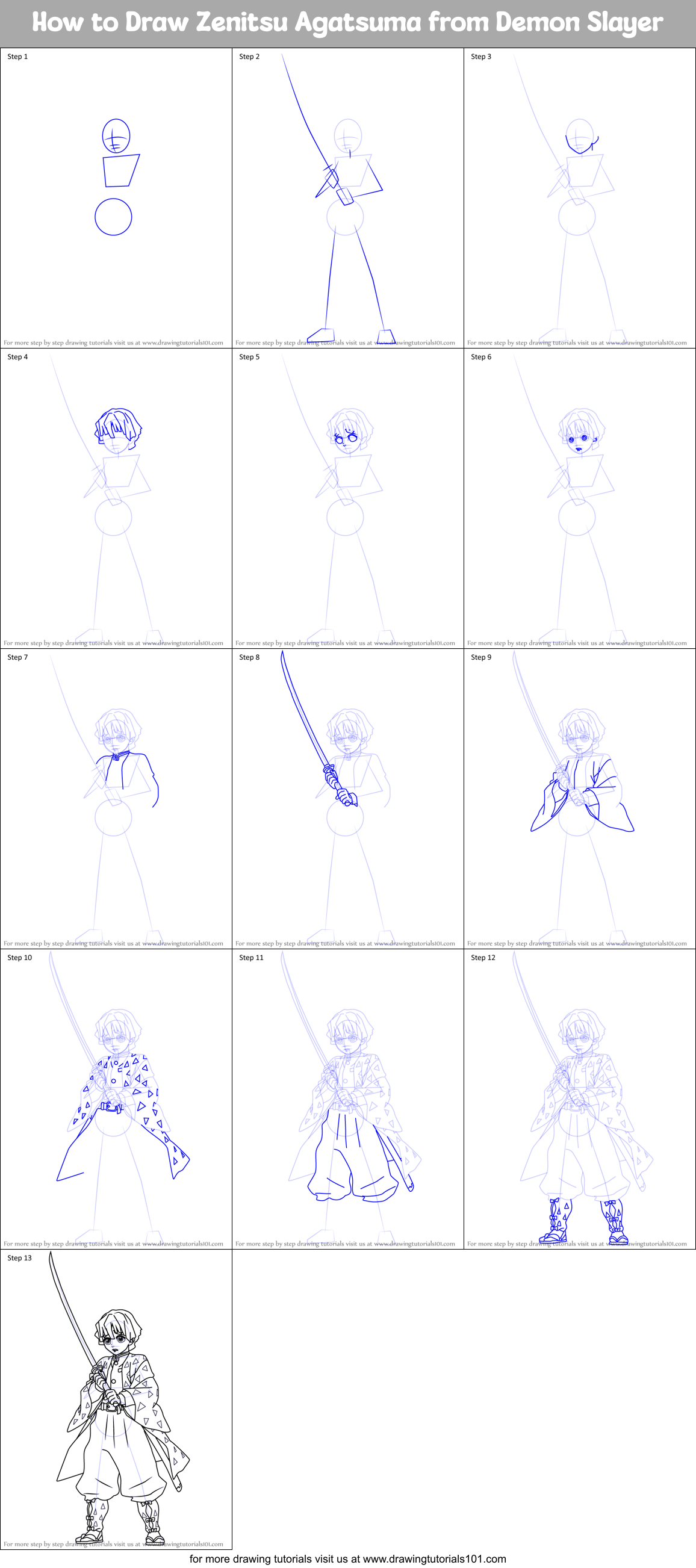 How To Draw Zenitsu Agatsuma From Demon Slayer Printable Step By Step ...