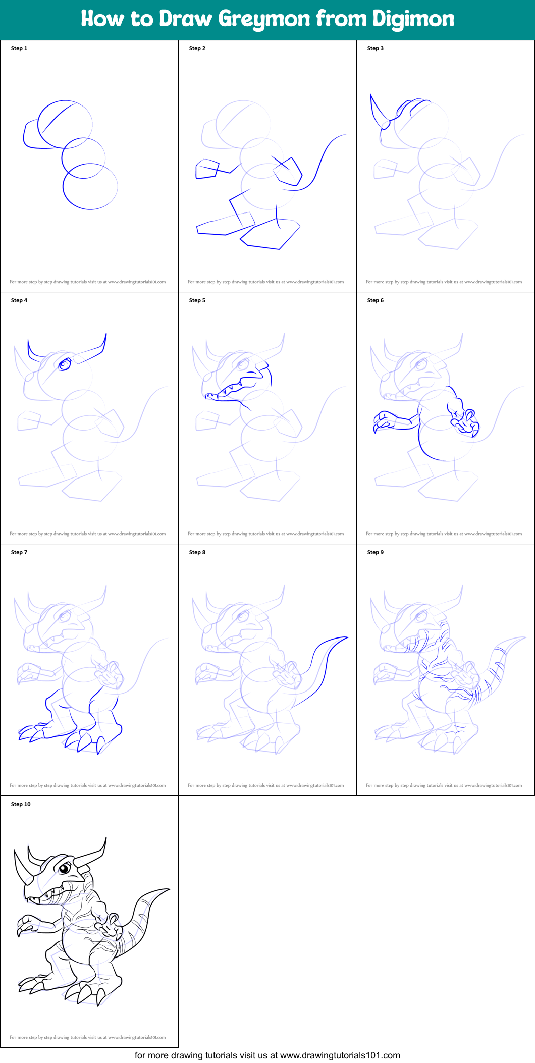 How to Draw Greymon from Digimon printable step by step drawing sheet ...