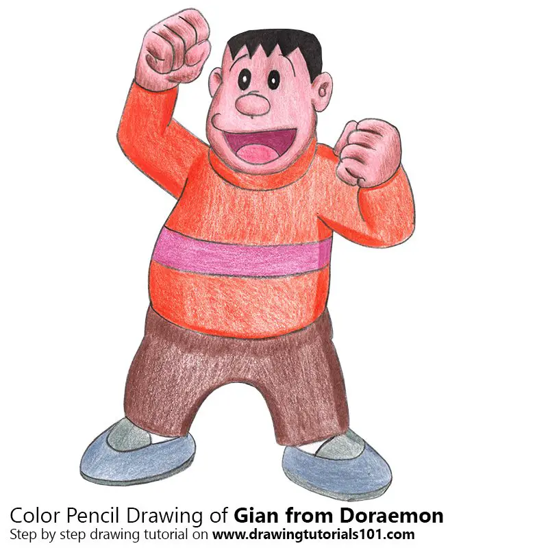 Gian from Doraemon Color Pencil Drawing