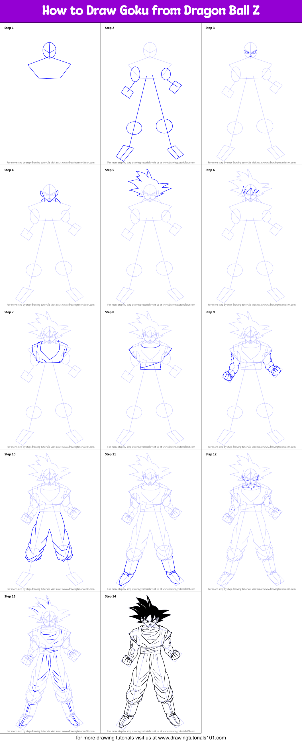 How to Draw Goku from Dragon Ball Z printable step by step drawing