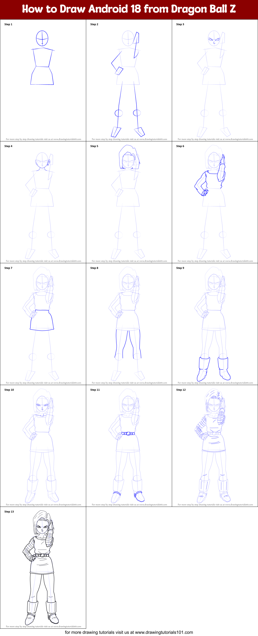 How to Draw Android 18 from Dragon Ball Z printable step by step ...