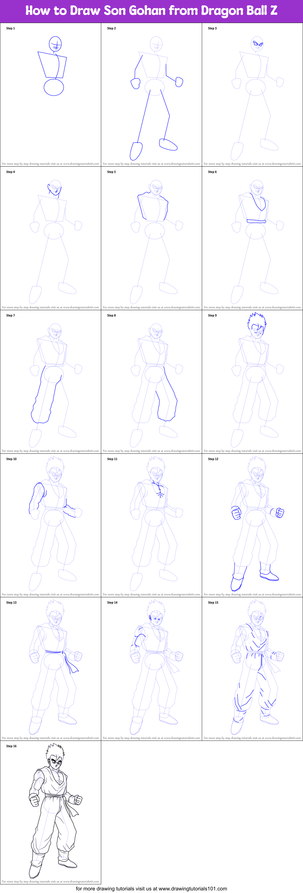 How to Draw Son Gohan from Dragon Ball Z printable step by step drawing