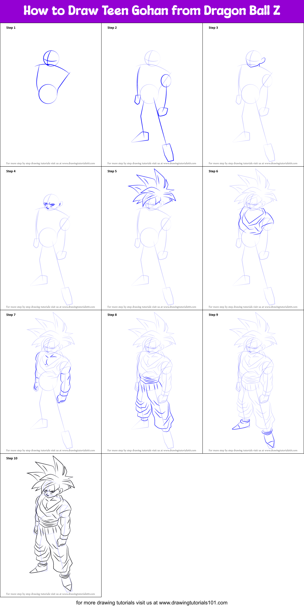 How To Draw Teen Gohan From Dragon Ball Z Printable Step By Step Drawing Sheet