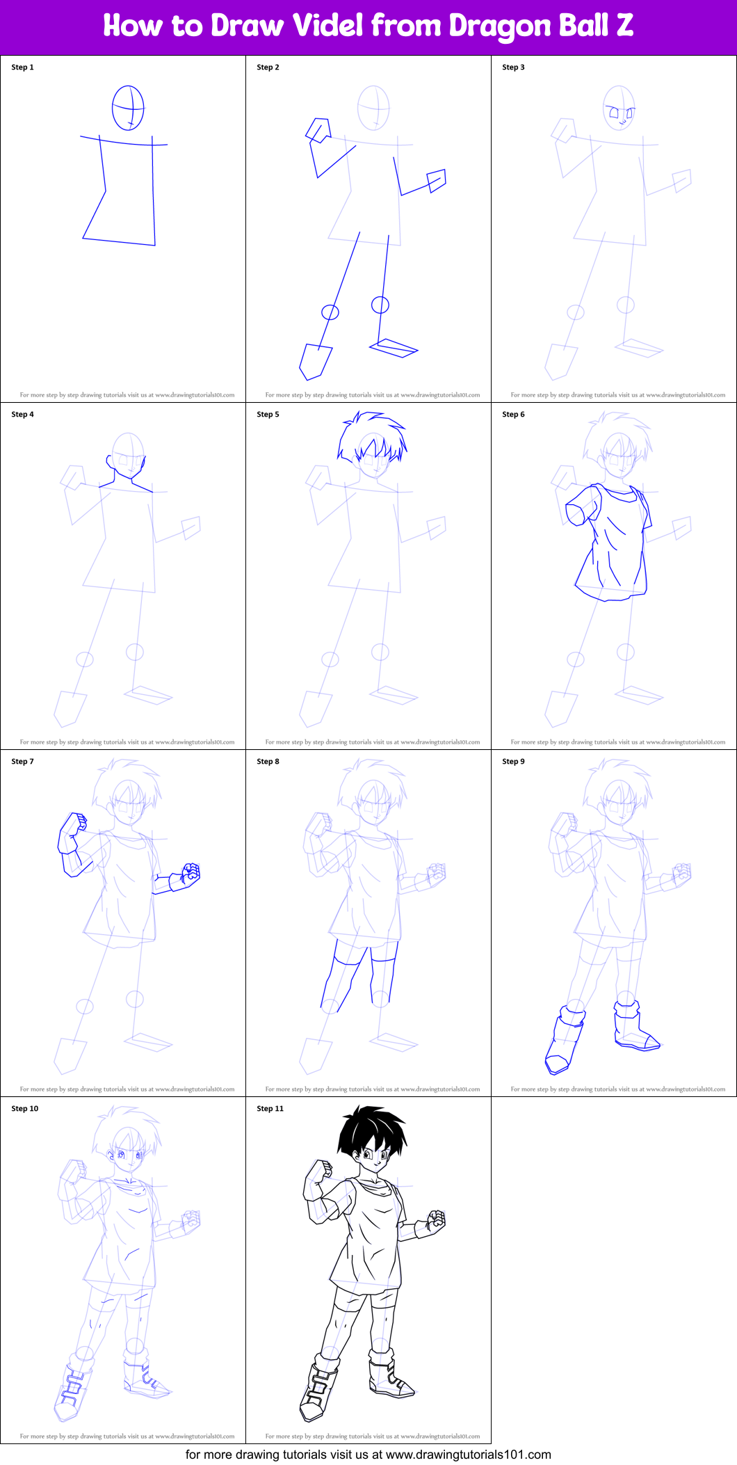 How to Draw Videl from Dragon Ball Z printable step by step drawing ...