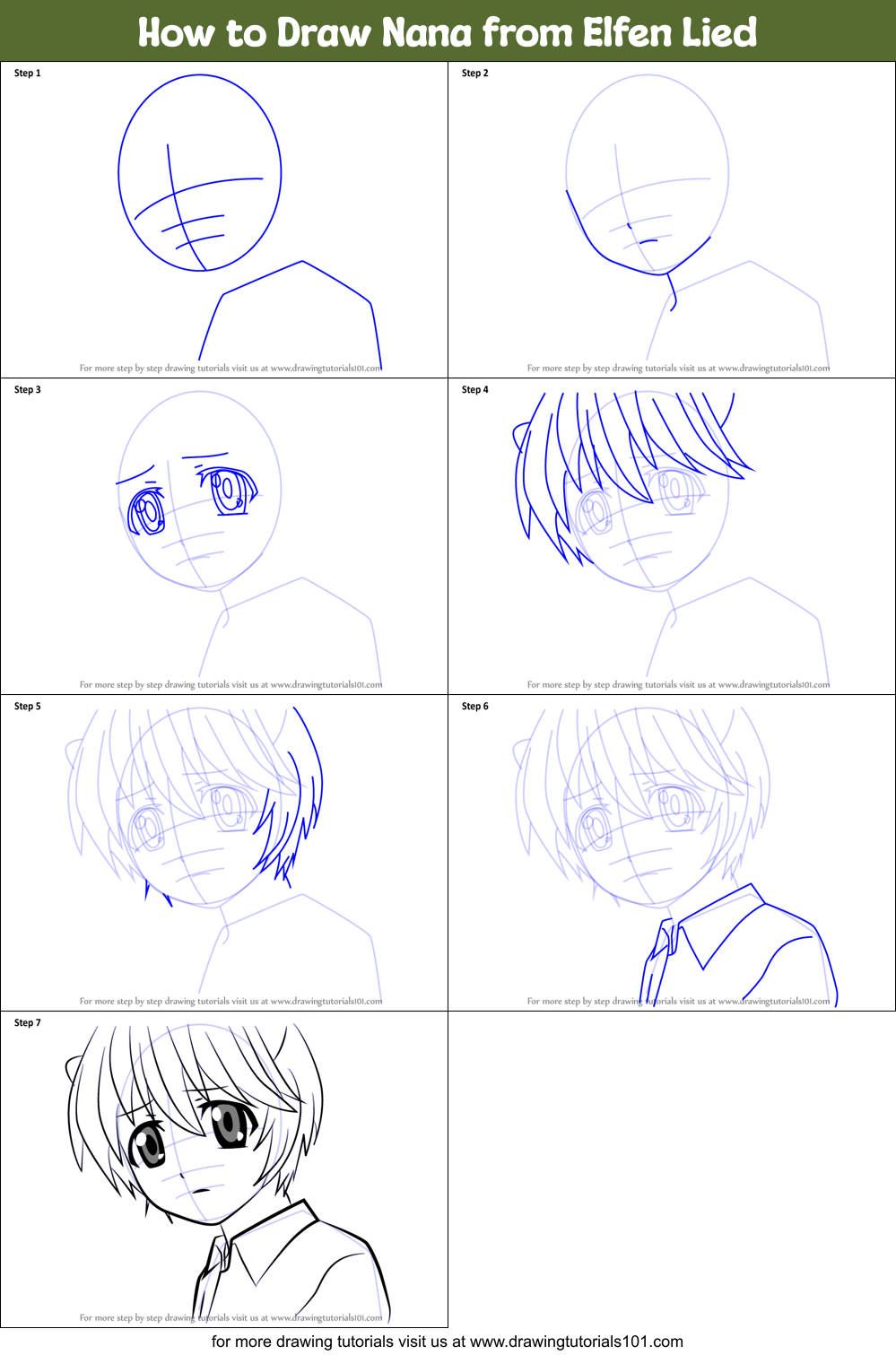 How to Draw Nana from Elfen Lied printable step by step drawing sheet ...