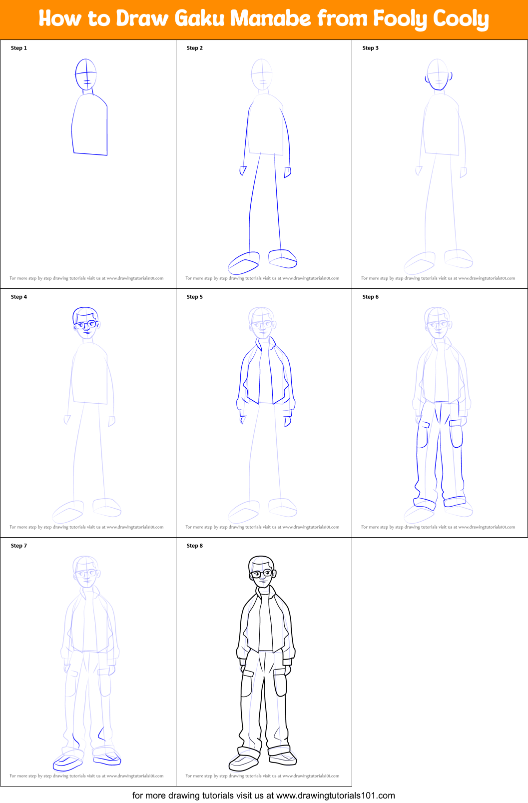 How to Draw Gaku Manabe from Fooly Cooly printable step by step drawing ...