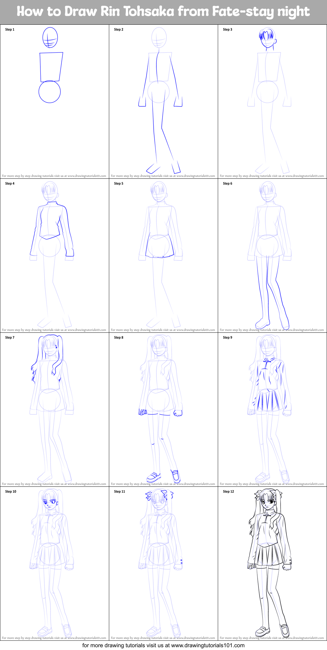 How to Draw Rin Tohsaka from Fate-stay night printable step by step ...