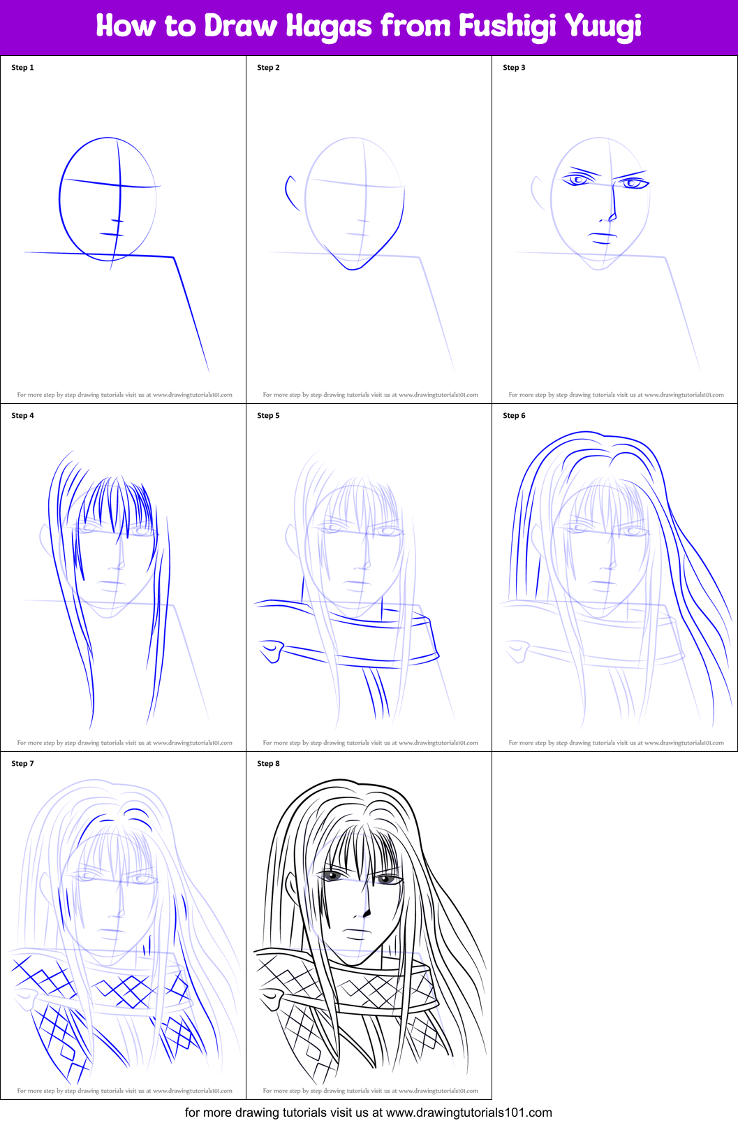 How to Draw Hagas from Fushigi Yuugi printable step by step drawing ...