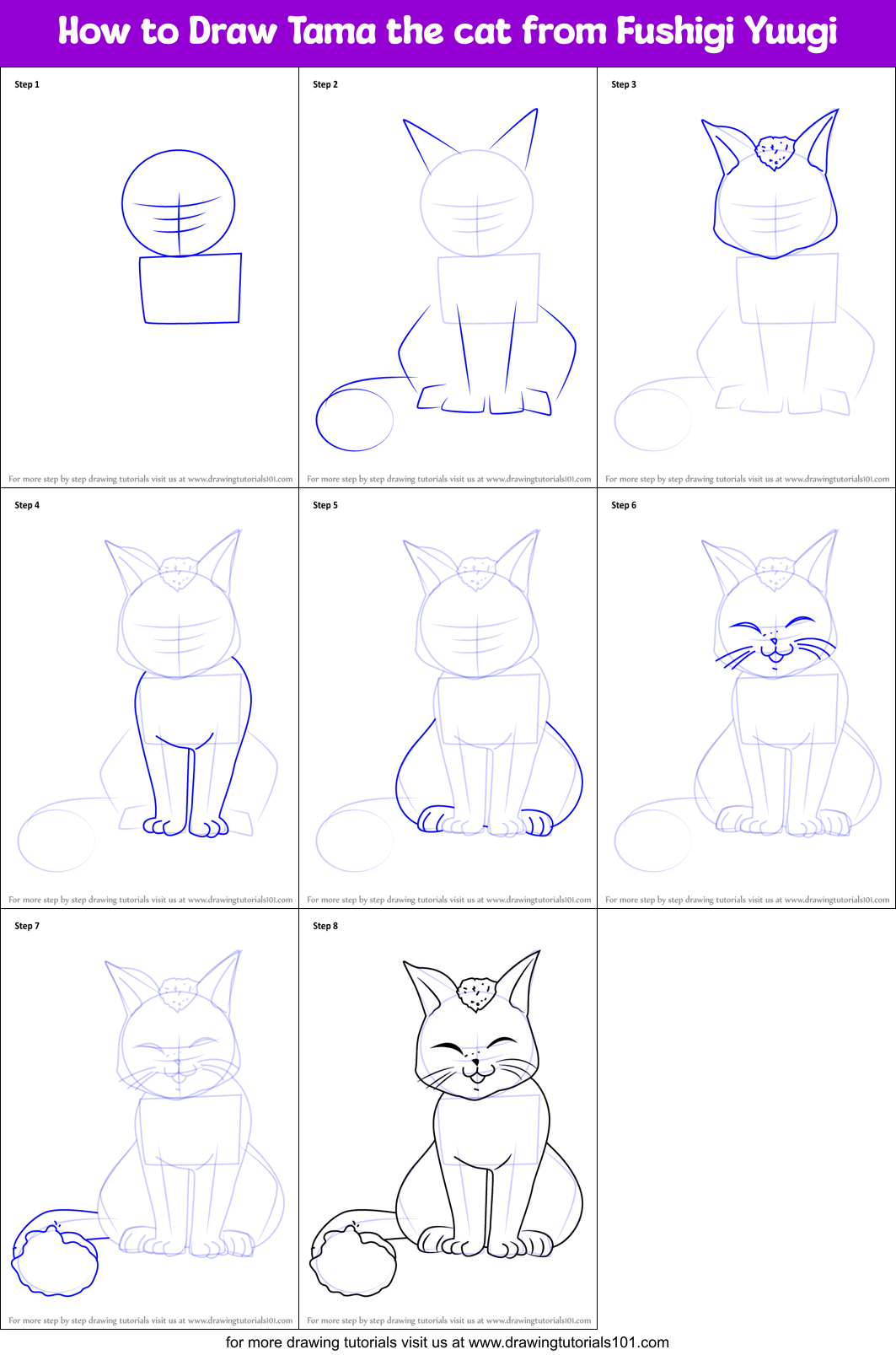 How to Draw Tama the cat from Fushigi Yuugi printable step by step ...