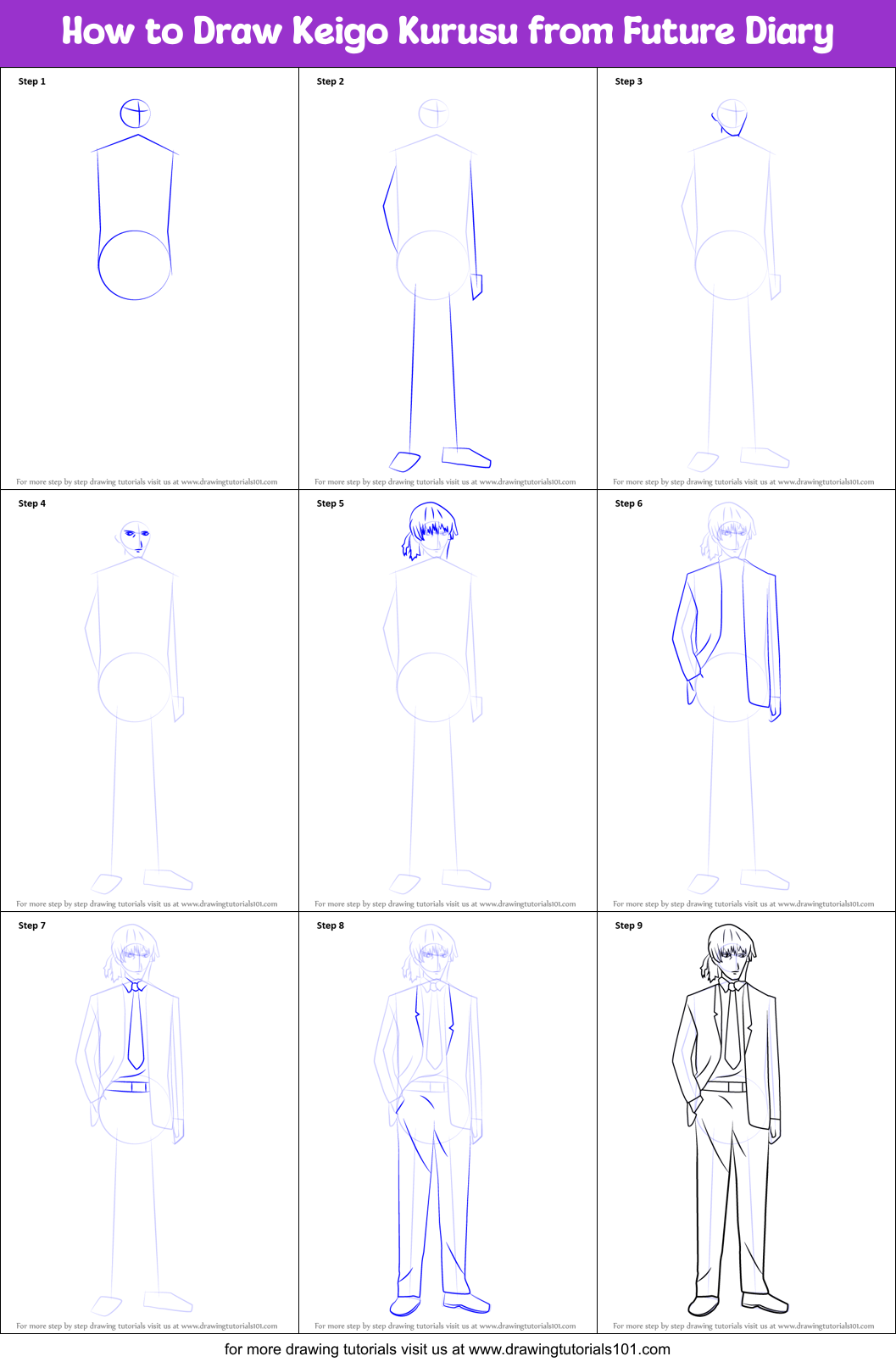 How to Draw Keigo Kurusu from Future Diary printable step by step ...