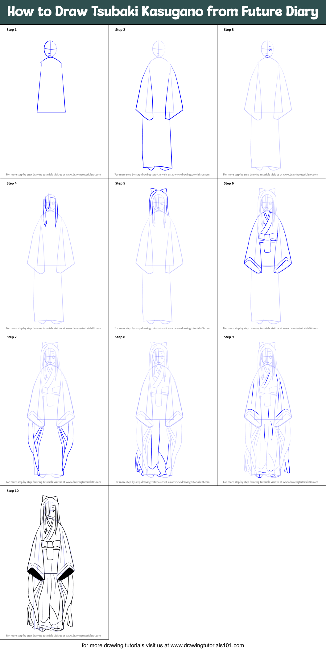 How to Draw Tsubaki Kasugano from Future Diary printable step by step ...