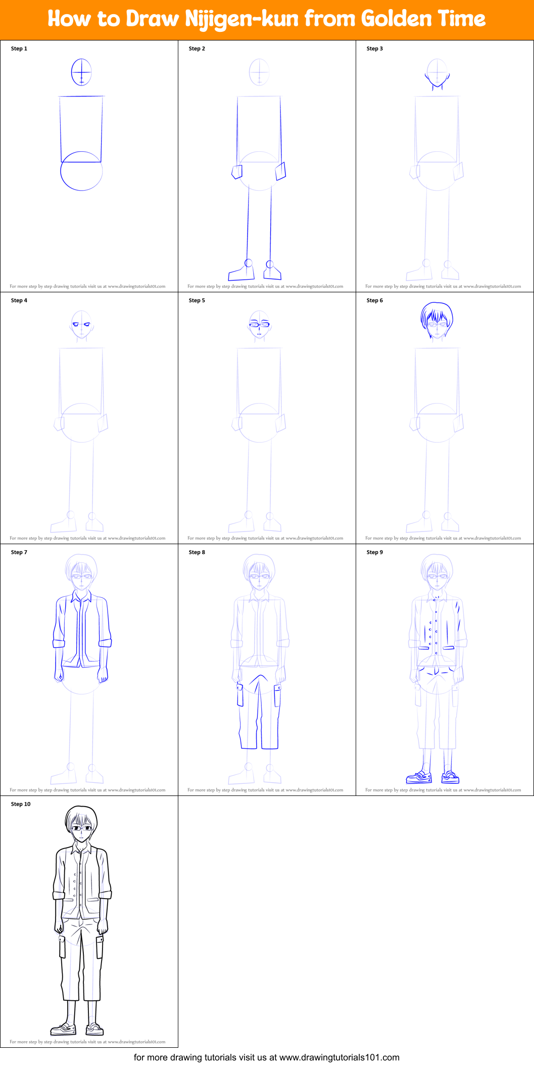 How to Draw Nijigen-kun from Golden Time printable step by step drawing ...