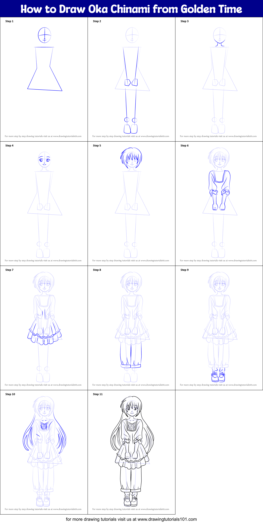 How to Draw Oka Chinami from Golden Time printable step by step drawing ...