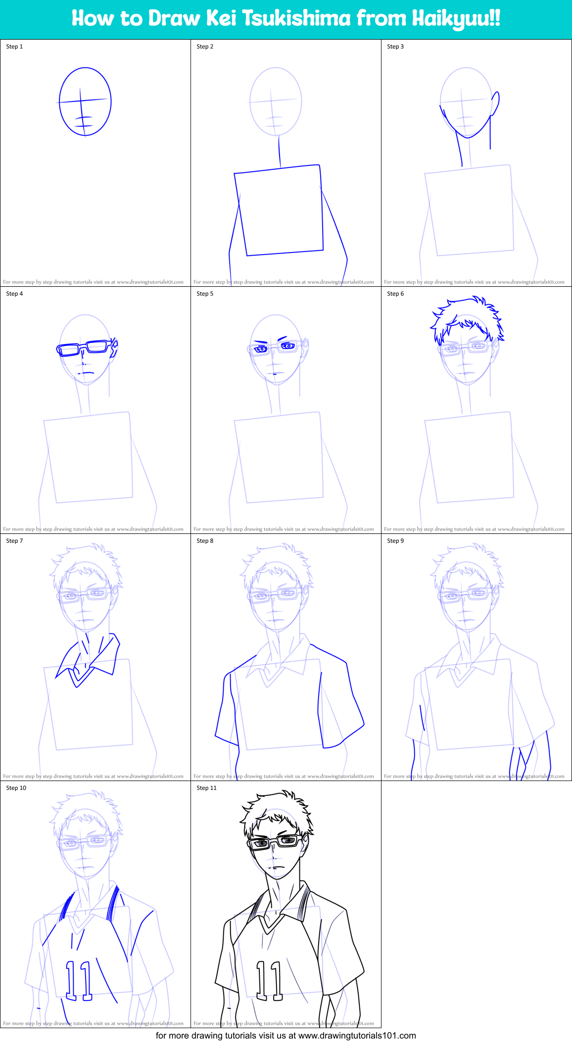 How To Draw Kei Tsukishima From Haikyuu Printable Step By Step Drawing Sheet