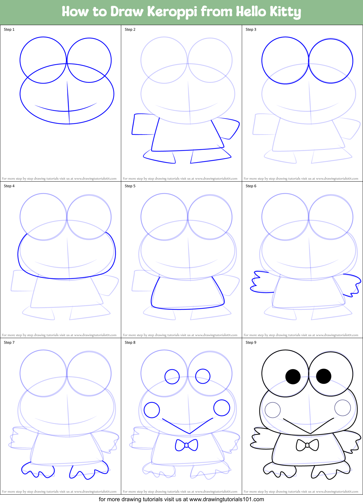 How to Draw Keroppi from Hello Kitty printable step by step drawing