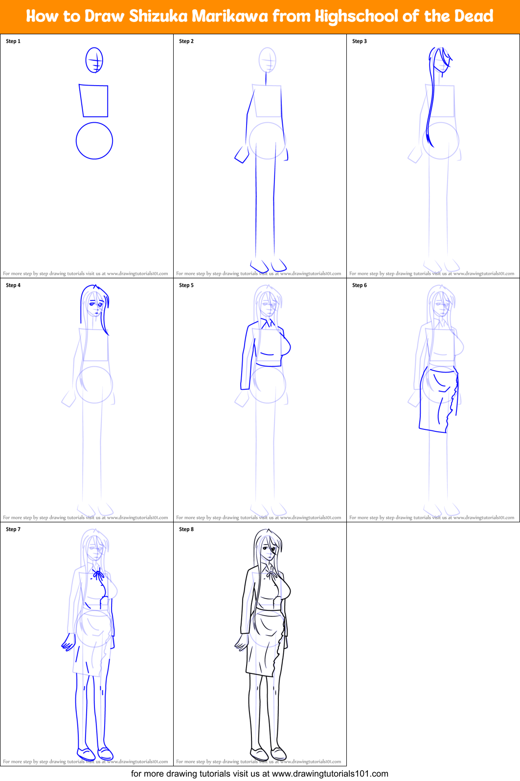 How to Draw Shizuka Marikawa from Highschool of the Dead printable step ...