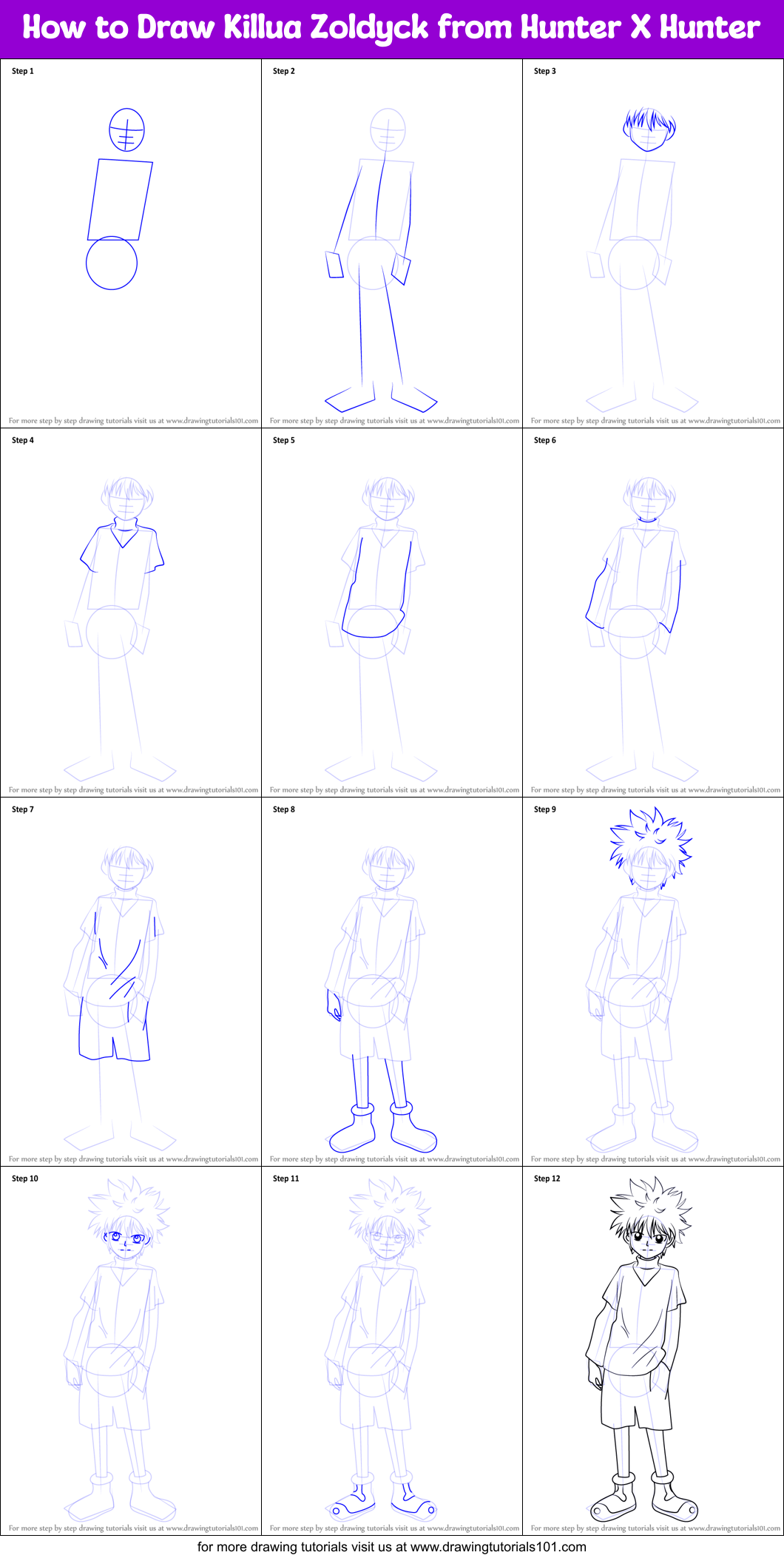 How to Draw Killua Zoldyck from Hunter X Hunter printable step by step