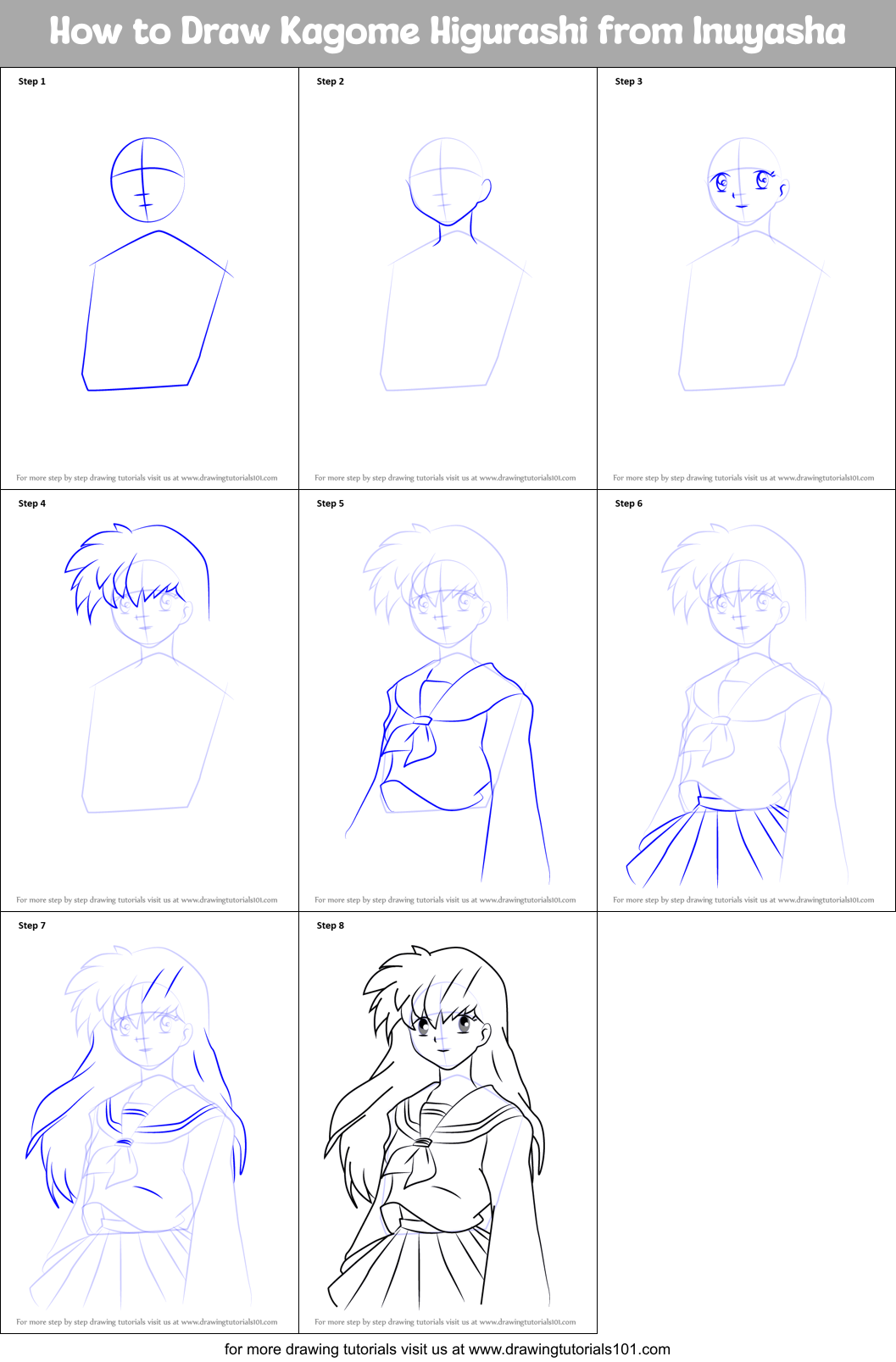 How to Draw Kagome Higurashi from Inuyasha printable step by step