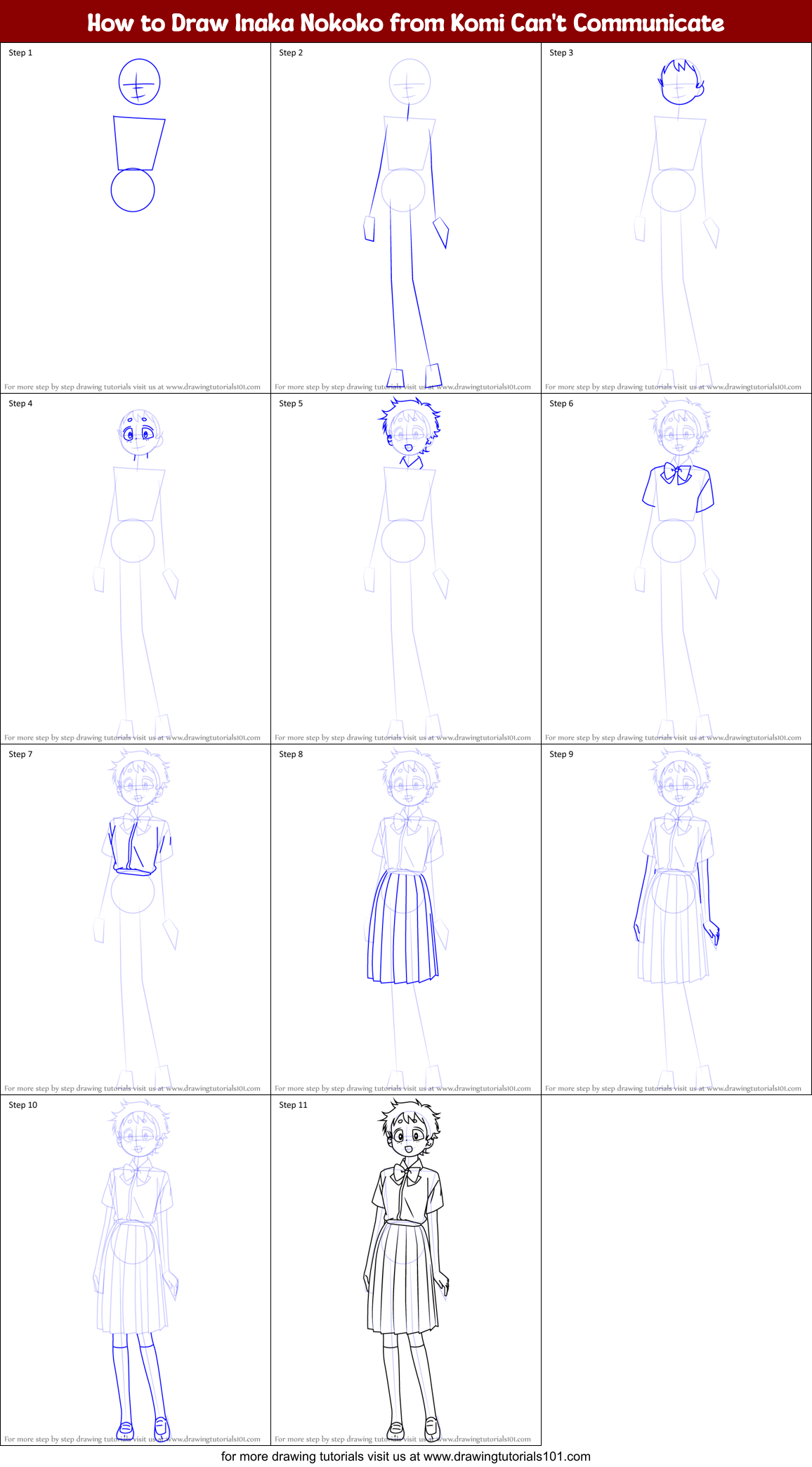 How to Draw Inaka Nokoko from Komi Can't Communicate printable step by ...