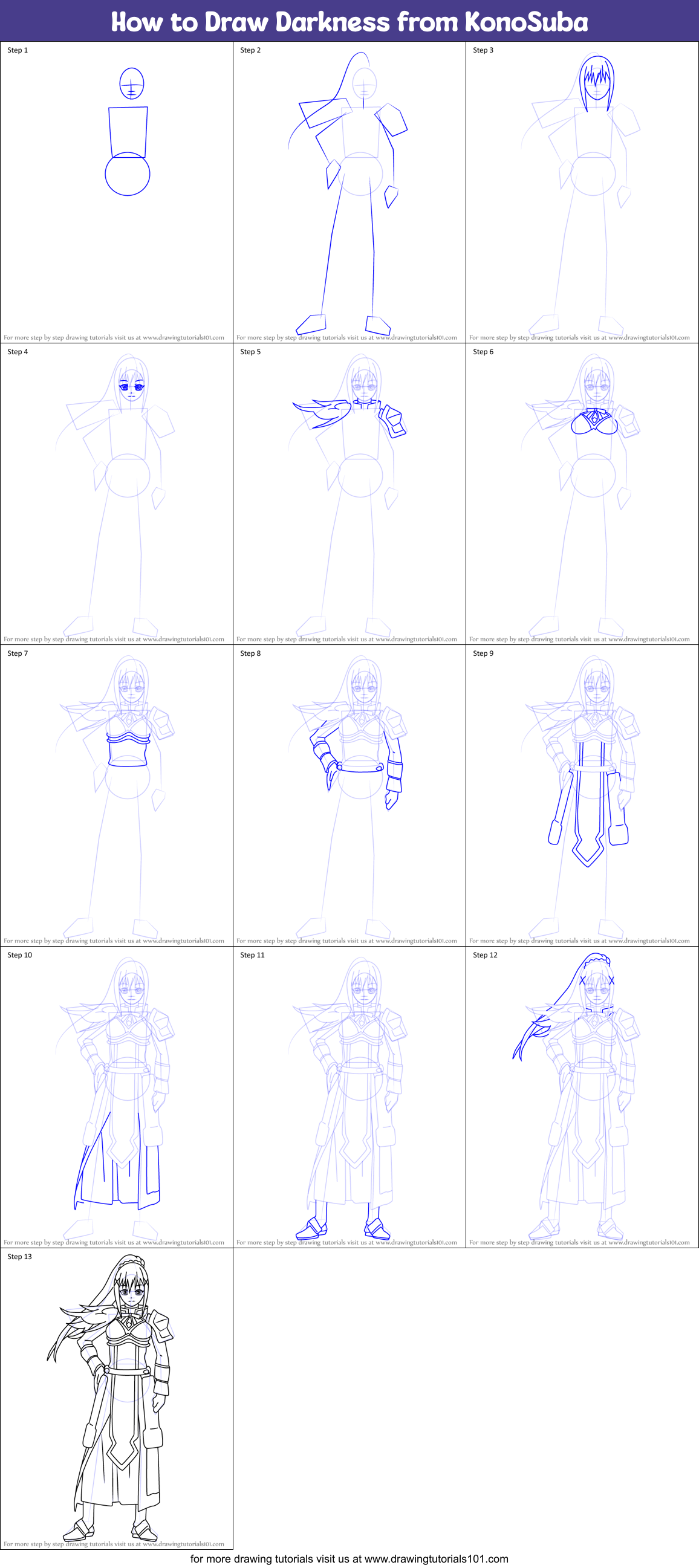 How to Draw Darkness from KonoSuba printable step by step drawing sheet