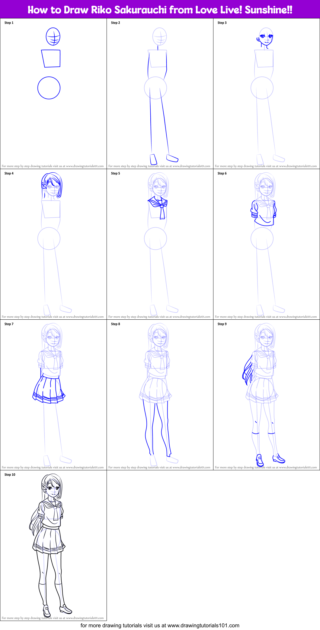 How to Draw Riko Sakurauchi from Love Live! Sunshine!! printable step ...