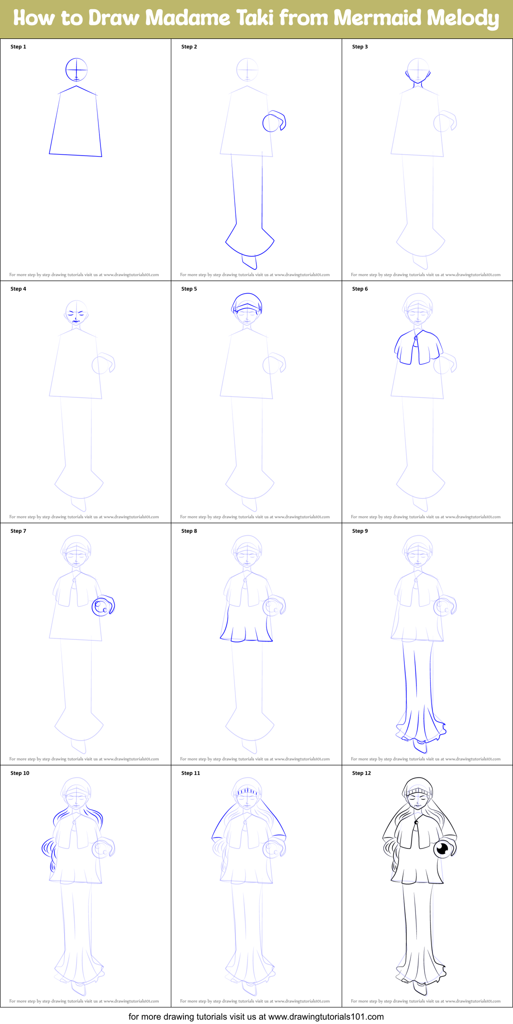 How to Draw Madame Taki from Mermaid Melody printable step by step ...