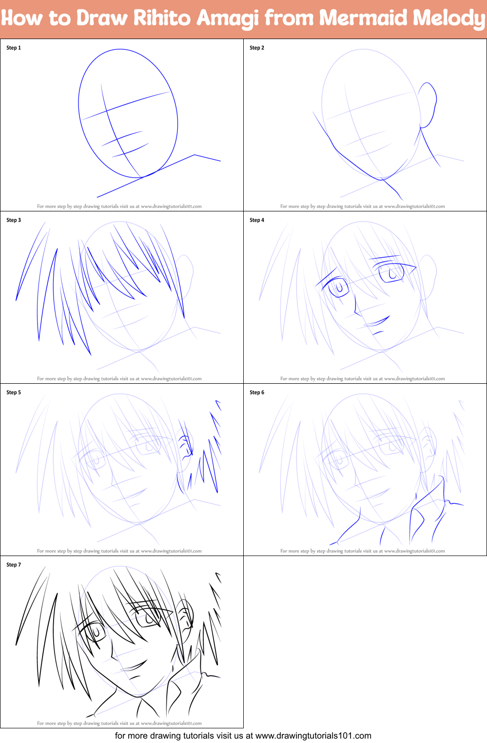 How to Draw Rihito Amagi from Mermaid Melody printable step by step ...