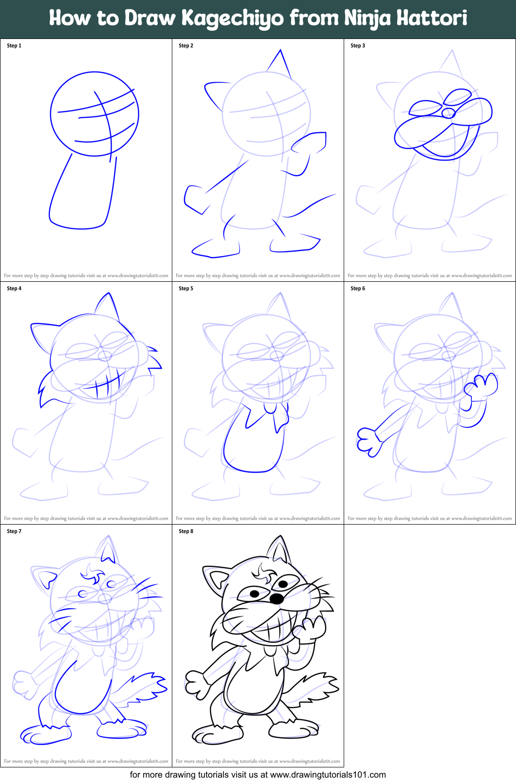 How to Draw Kagechiyo from Ninja Hattori printable step by step drawing ...