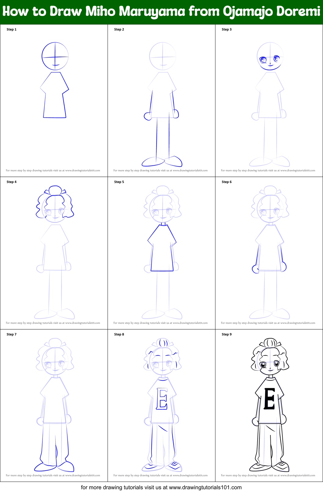 How to Draw Miho Maruyama from Ojamajo Doremi printable step by step ...