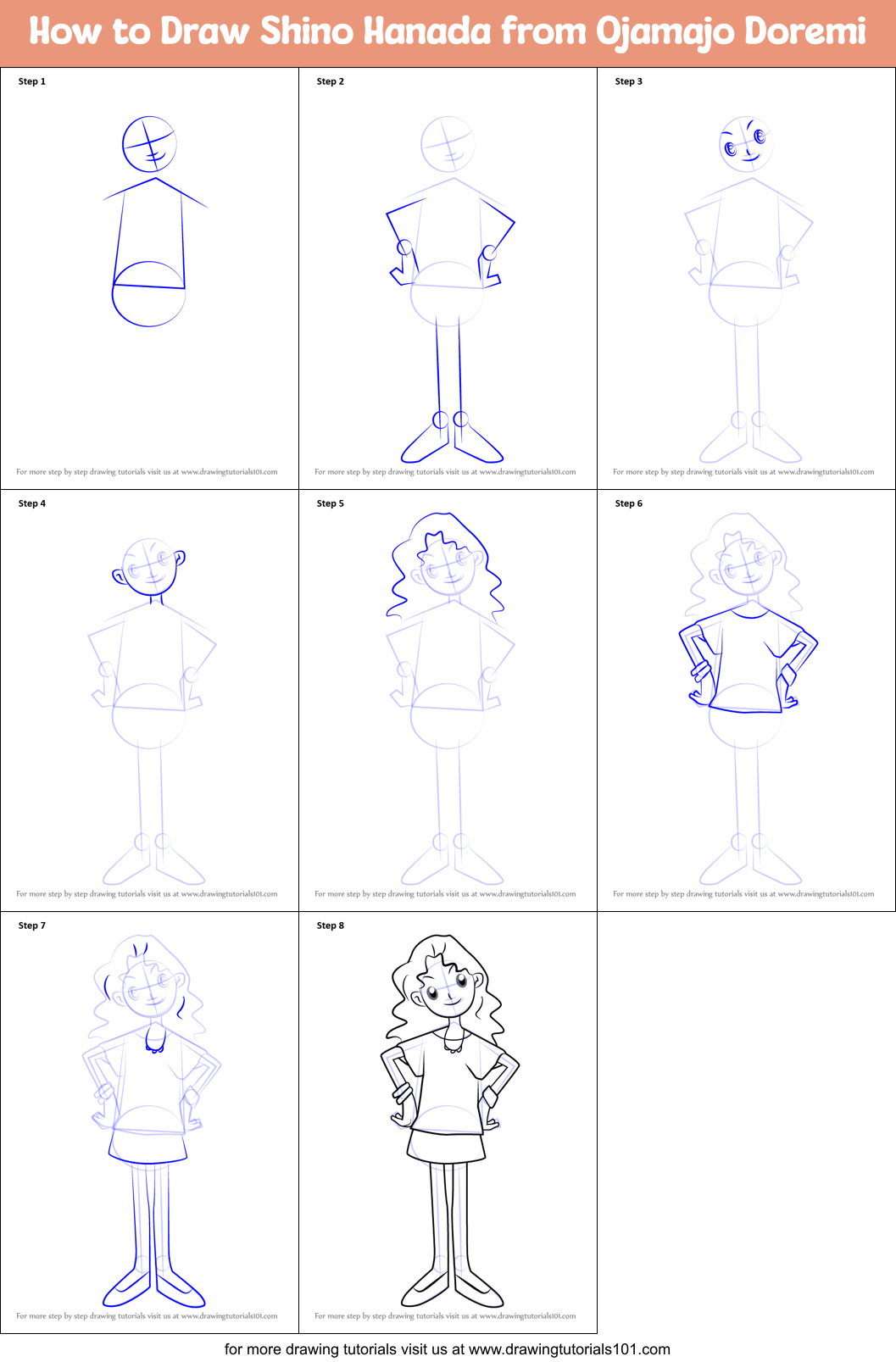 How to Draw Shino Hanada from Ojamajo Doremi printable step by step ...