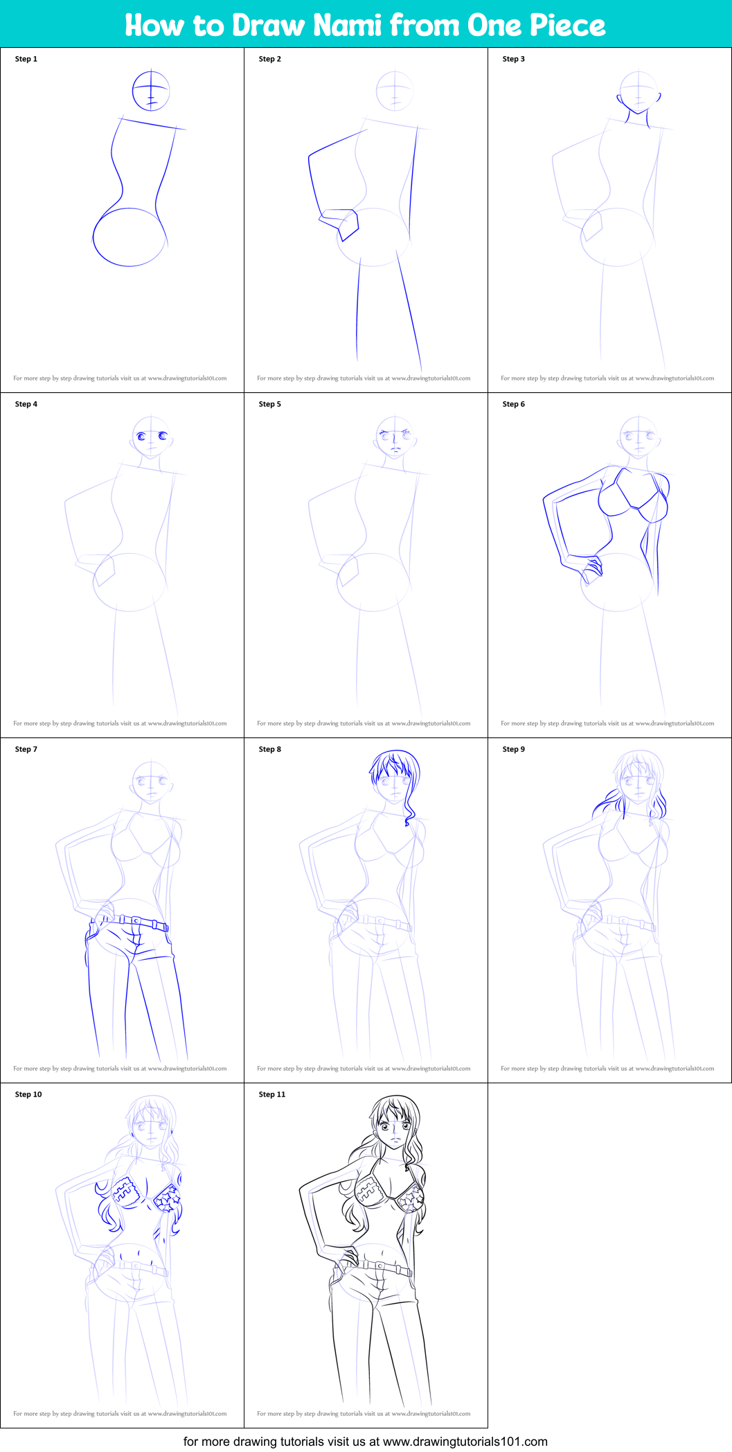 How to Draw Nami from One Piece printable step by step drawing sheet ...