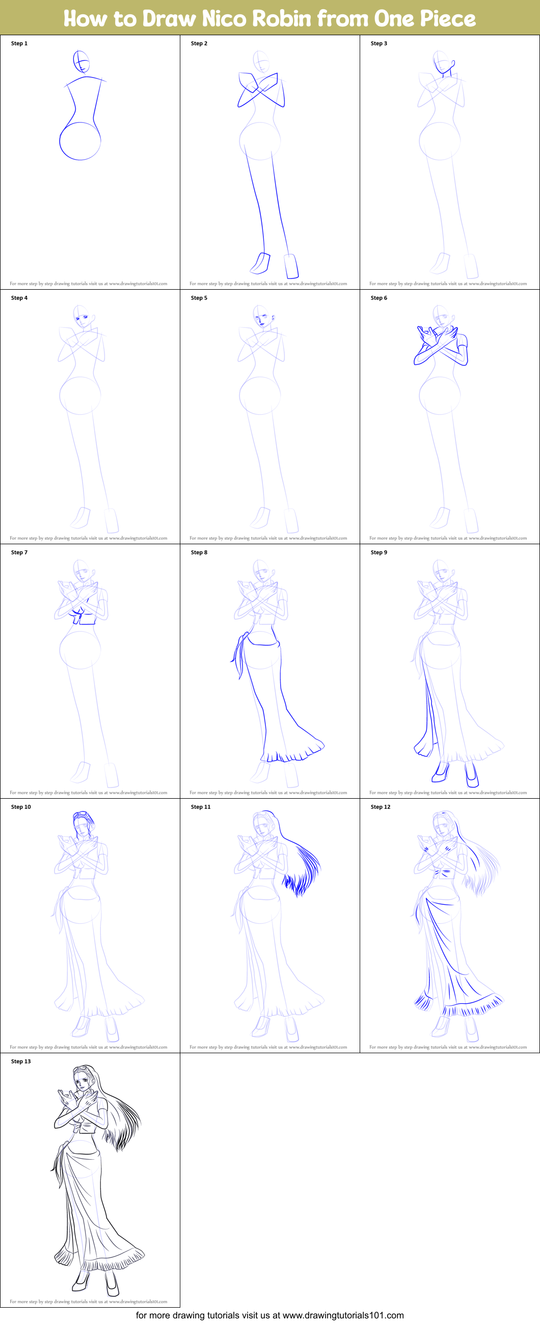 How to Draw Nico Robin from One Piece printable step by step drawing ...