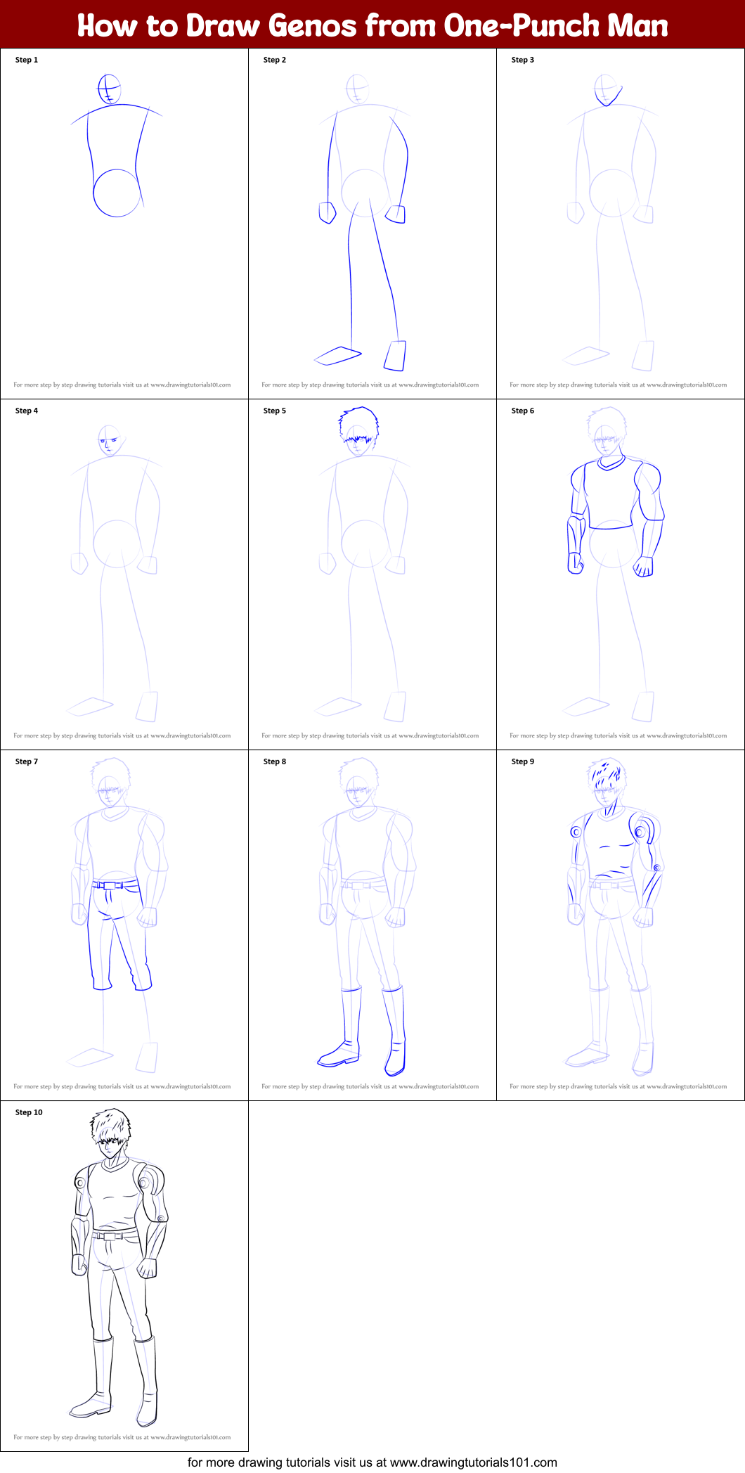 How to Draw Genos from OnePunch Man printable step by step drawing