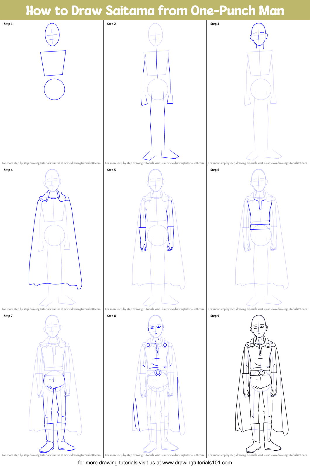 How To Draw Saitama From One-Punch Man Printable Step By Step Drawing ...