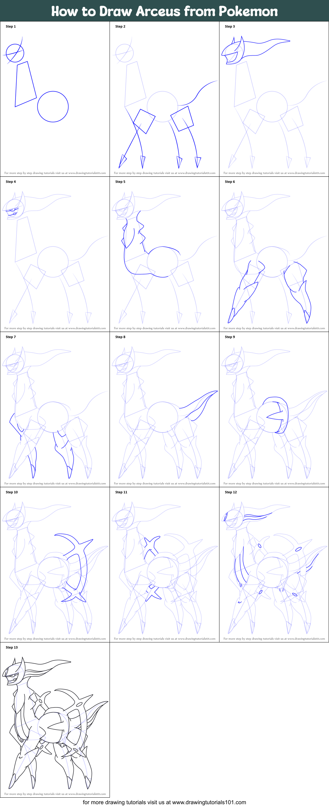 How to Draw Arceus from Pokemon printable step by step drawing sheet